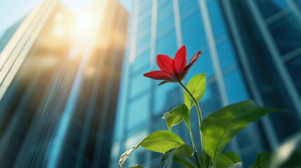 a red flower in front of a tall building