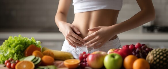 The woman enjoying a healthy lifestyle surrounded by fresh fruits and vegetables.