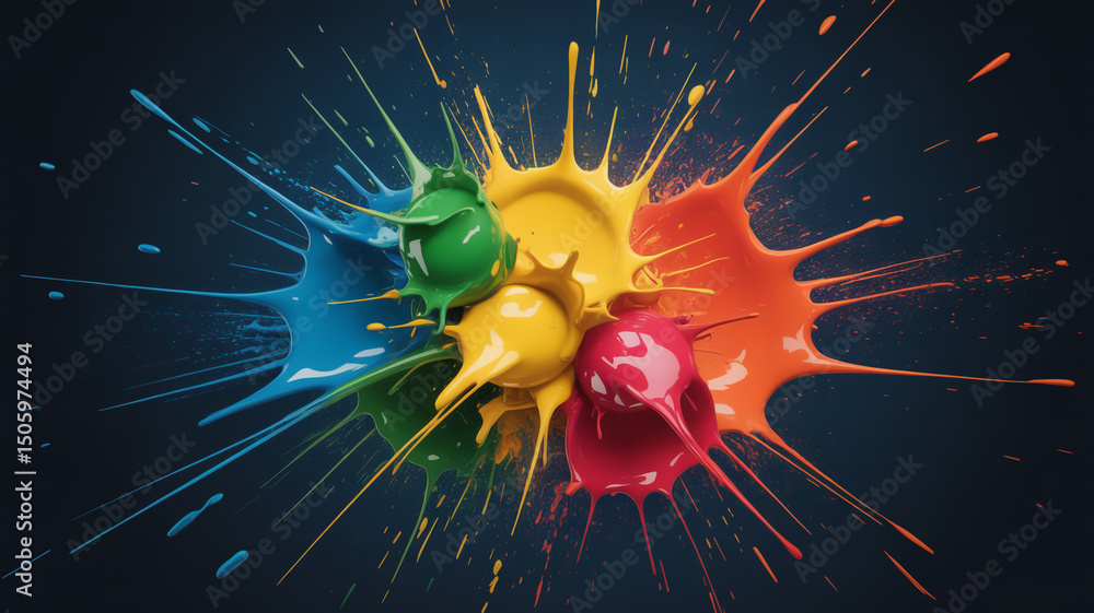 Poster colorful paint splatters radiating from a central point on a dark background creating an explosion