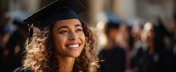 The graduate smiling brightly, celebrating a significant academic achievement.