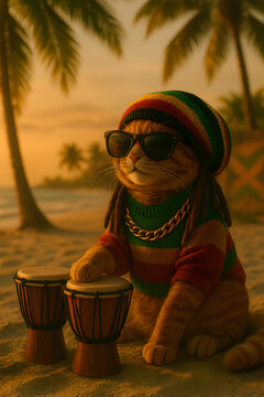 Cool reggae cat playing bongo drums at tropical beach during sunset, wearing rasta hat, sunglasses and gold chain with palm trees in background and peaceful vibe all around