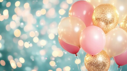 A cluster of pink, white, and gold balloons is featured against a beautiful shimmering background, perfect for a festive occasion or party