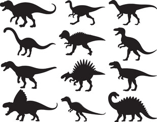 Twelve silhouettes of prehistoric dinosaurs