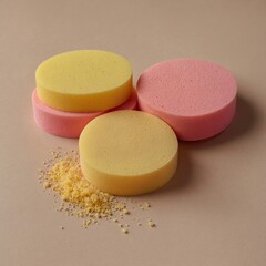 A flat lay of beauty sponges in pink and yellow tones against beige.
