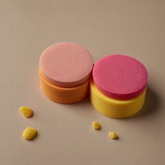 Close-up of pink and yellow makeup sponges on a plain beige background.