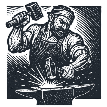 Muscular blacksmith with bandana and apron forges glowing metal on an anvil with a hammer. Vintage woodcut/engraving style vector. B&W. Craftsmanship.
