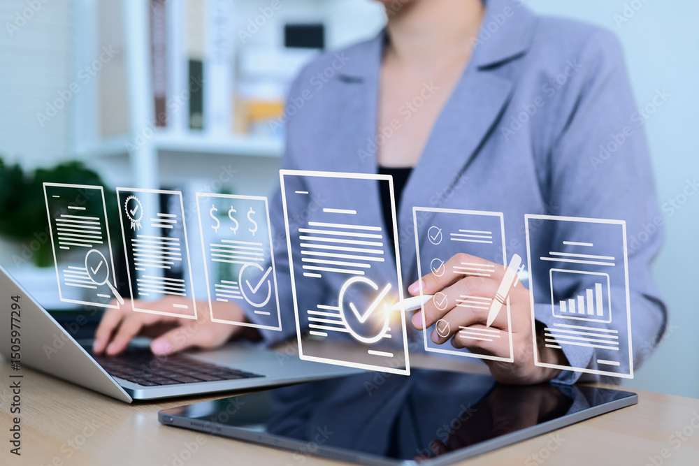 Aufkleber document review and quality control process concept. businesswoman using laptop with document and ch