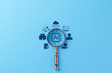 Artificial Intelligence in Healthcare and Medical Technology. A magnifying glass focuses an AI chip...