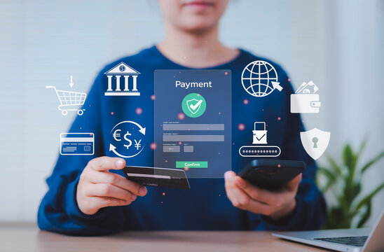 Secure Online Payment Transaction Process concept. A person confirming secure online payment using a credit card through a digital interface with a verification tick symbol. Internet banking, fintech,