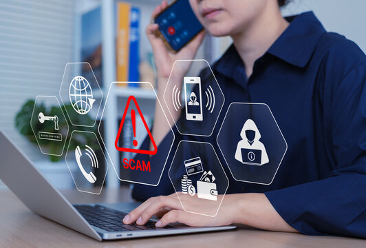 Phone Scam Alert and Cyber Fraud Prevention Concept. Woman on the phone with digital warning icons such as scam alert, hacker, and financial fraud, risks of call center scams, and identity theft.