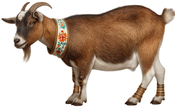 Eid Mubarak goat with decorated forehead and colorful anklets, sharp focus high-resolution PNG on transparent background. Festive Islamic symbol representing celebration, tradition, and cultural herit