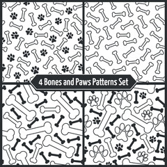 Black and White Dog Bones and Paws Pattern Set - 4 Patterns of Messy Bones and Footprints. Seamless Link.