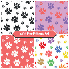Cat Footprint Pattern Set - 4 Patterns of Cats Claw Footprints, Black, Pink, Purple and Colorful Paws. Seamless Link.