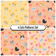 Cats Patterns Set - 4 Cat Patterns with Footprints, Fish Skeletons, Sardine Cans and Hearts on Orange or Pink Backgrounds. Seamless Link.