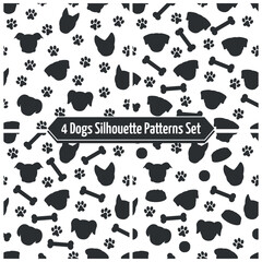 Dogs Silhouette Patterns Set - 4 Black and White Dog Patterns with Footprints, Bones, Dog Food and Balls. Seamless Link.