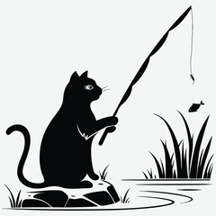 Silhouette of a cat fishing by the pond with a rod and fish  image design vector art and illustration  © Shahanaz