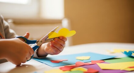 Child using scissors to cut colorful paper shapes on a table, surrounded by various paper pieces, showcasing creativity and artistic expression in a playful environment