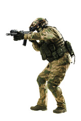 Military soldier in camouflage aiming firearm in action pose on white background