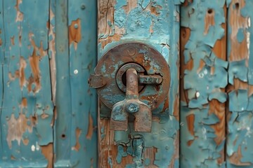 Old wooden door featuring metal keyhole high resolution picture