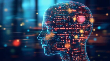 A digital head visualization filled with illuminated data streams is set against a dark, abstract background showcasing a futuristic theme - Powered by Adobe