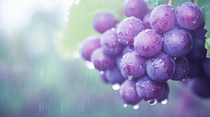 Grapes hanging on the vine are enhanced by raindrops, showcasing freshness in a vineyard during autumn's gentle rain