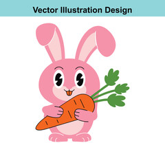 Cute Pink Bunny Rabbit Cartoon Character Holding a Large Orange Carrot