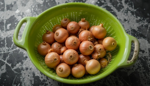 A green colander filled with many small yellow onions sitting on a dark marble countertop surface top view