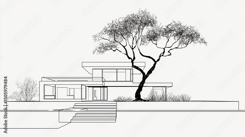 Poster a minimalist architectural sketch of a modern house with a large tree and steps leading up to it