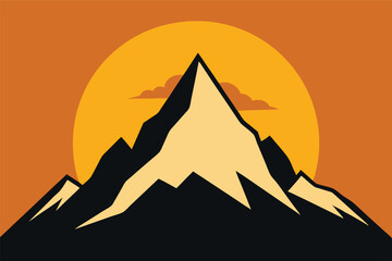 A vibrant vector illustration of a mountain sunset landscape, featuring a fiery orange and yellow sky over silhouetted peaks