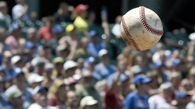 A baseball soars through the air during a thrilling game at the stadium with crowds of fans