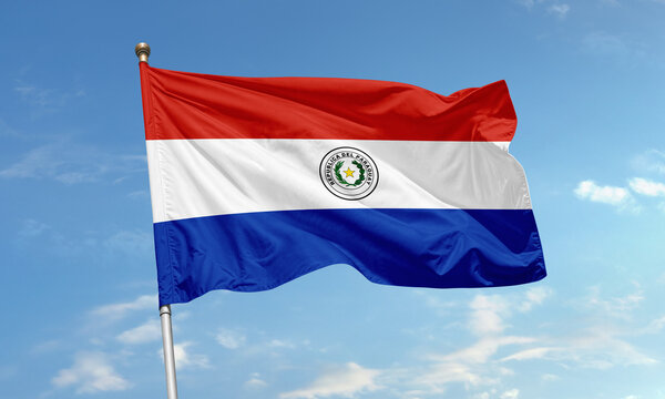 Paraguay national flag flying in the sky