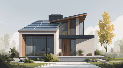 Modern house with solar panels and a tree in the yard on a sunny day with a clear sky background