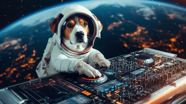 A dog in a spacesuit operates a DJ set while floating in space, with Earth illuminated below amidst stars and lights