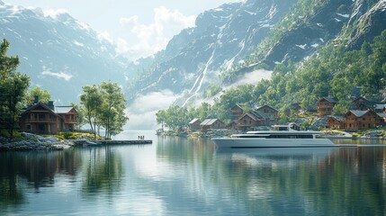 Serene Lake View with Luxury Boat and Scenic Mountain Landscape