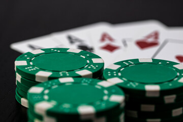 Casino chips and cards on the table. Gambling concept