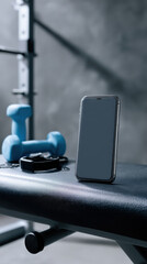 A sleek smartphone rests on a gym bench next to a dumbbell and a fitness tracker, illustrating a modern fitness lifestyle and workout preparations