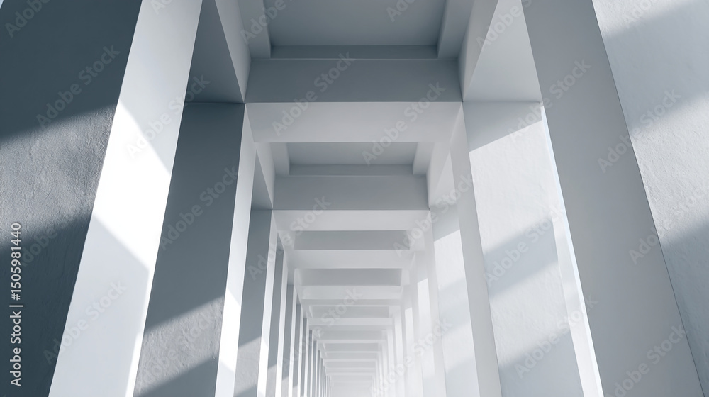 Poster a perspective view of a long corridor with white pillars and ceiling creating a symmetrical design