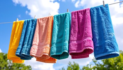 Brightly colored towels hanging on a clothesline to dry in the sun with a blue sky background