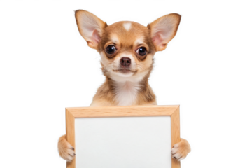 A cute Chihuahua holding a small whiteboard with it's paws isolated on transparent background.