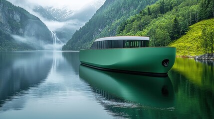 Modern Eco-Friendly Boat on Calm Lake Surrounded by Lush Mountains