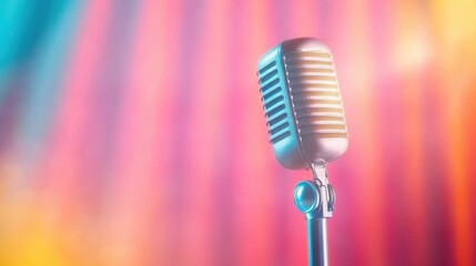 A classic microphone is prominently displayed on stage, set against a dynamic backdrop of bright colors and lights, ready for a performance