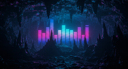 Colorful Sound Waves Over Ancient Temple Ruins
