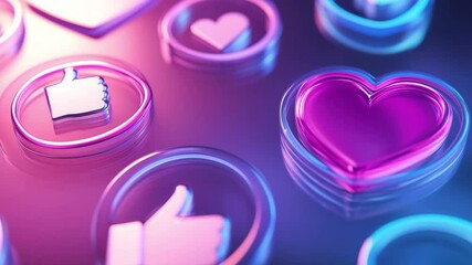 Colorful social media icons animate in a sleek neon environment, showcasing engagement symbols in an interactive digital landscape - Powered by Adobe