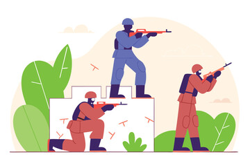 Illustrated soldiers armed with rifles in combat uniforms defending against an unknown threat