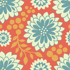 Seamless floral pattern with blue and cream flowers on a vibrant coral background design