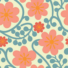 Seamless floral pattern with retro inspired flowers and decorative vines on a cream background