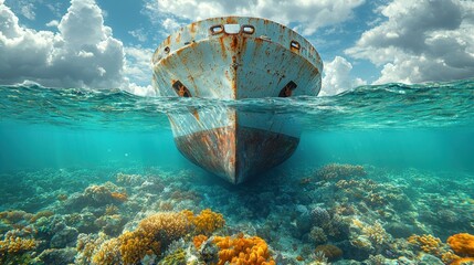 Sunken Shipwreck Underwater with Coral Reef and Clear Ocean Water