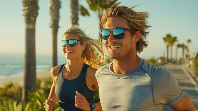 Smiling young man and woman jogging along a sunny beachside path, wearing sunglasses, surrounded by palm trees, enjoying an energetic workout - Powered by Adobe