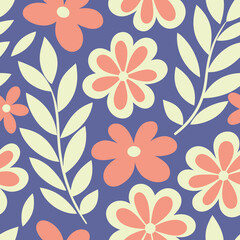 Seamless pattern featuring stylized peach flowers and pale yellow leaves on a blue background