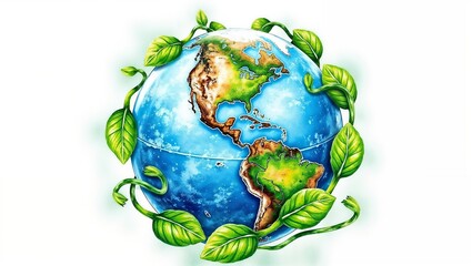 Illustration of Earth featuring the Americas, with green vines wrapping around continents in earthy tones and oceans in vivid blue on a white background.
